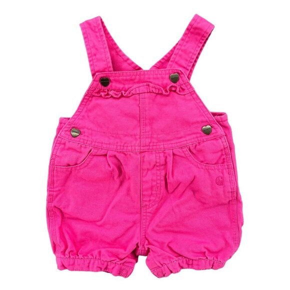 Carhartt Shortall Overalls Girls Hot Pink Heart Button Size 12M - Picture 1 of 8